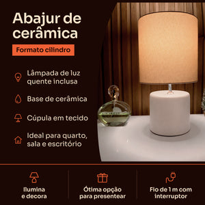 Abajur cilindro off white com cúpula de tecido, características #offwhite