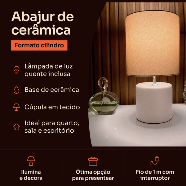 Abajur cilindro off white com cúpula de tecido, características #offwhite
