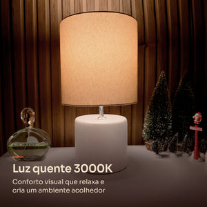 Abajur cilindro off white com cúpula de tecido, luz quente 3000K #offwhite