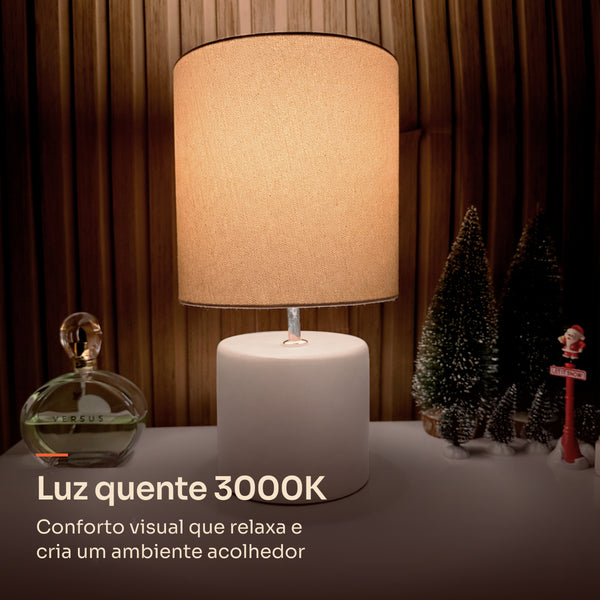 Abajur cilindro off white com cúpula de tecido, luz quente 3000K #offwhite