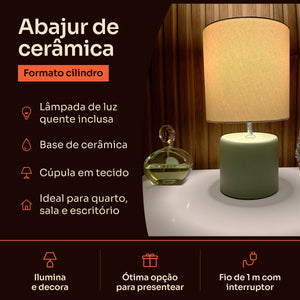 Abajur cilindro verde pistache com cúpula de tecido, características #verdepistache