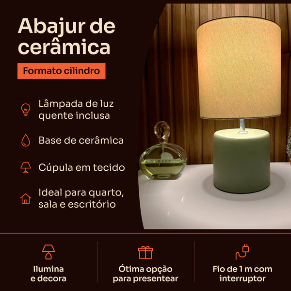 Abajur cilindro verde pistache com cúpula de tecido, características #verdepistache