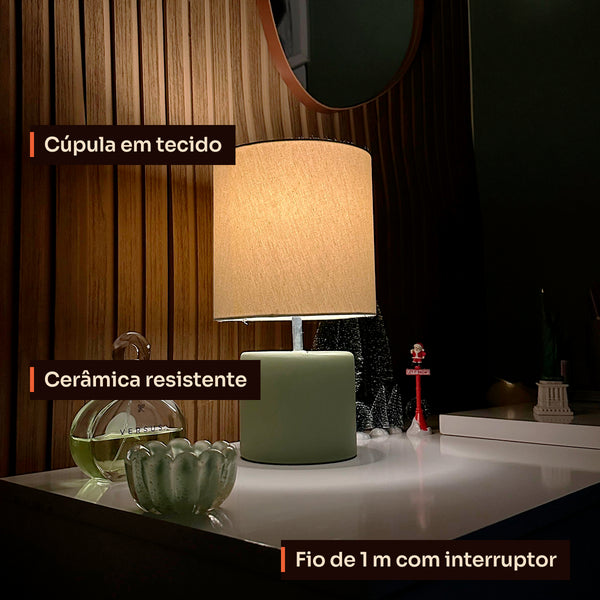 Abajur cilindro verde pistache com cúpula de tecido, detalhes #verdepistache