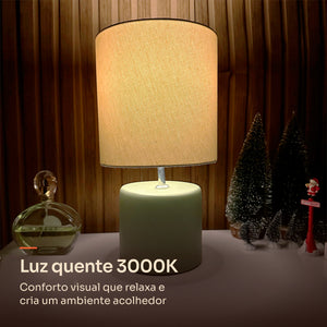Abajur cilindro verde pistache com cúpula de tecido, luz quente 3000K #verdepistache