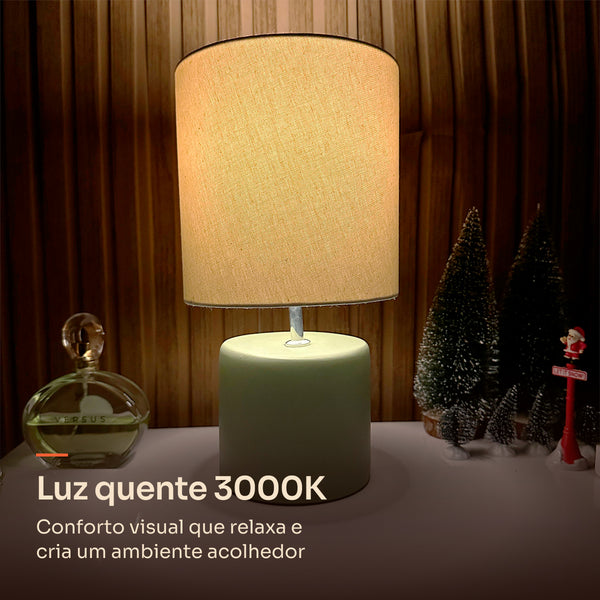 Abajur cilindro verde pistache com cúpula de tecido, luz quente 3000K #verdepistache