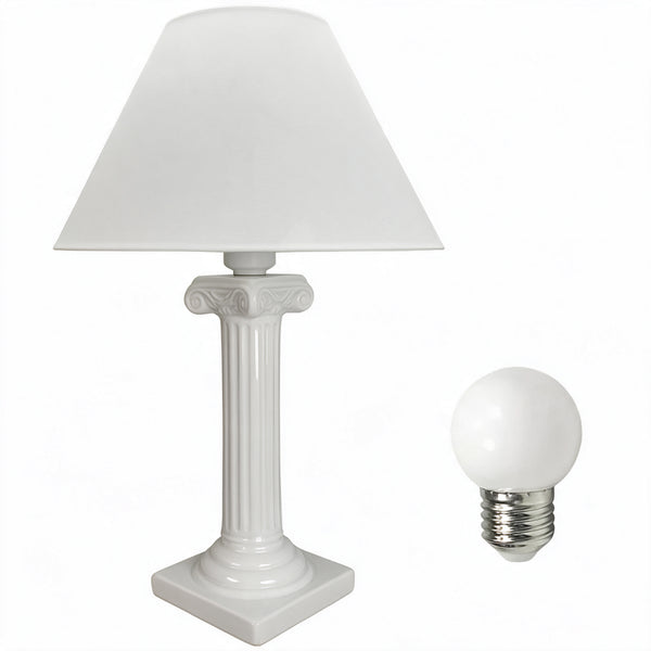 Abajur coluna grega de cerâmica branco com cúpula de plástico e lâmpada, Pratelar #branco #plástico