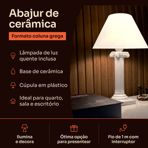Abajur coluna grega branco com cúpula de plástico, características #branco #plástico