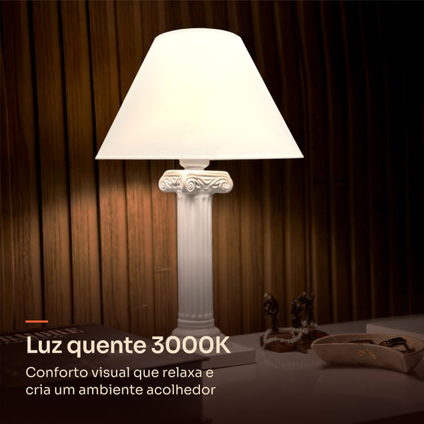 Abajur coluna grega branco com cúpula de plástico, luz quente 3000K #branco #plástico