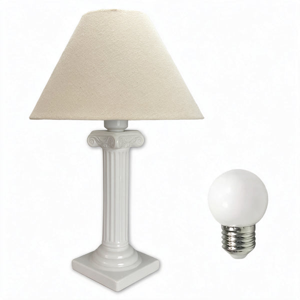 Abajur coluna grega de cerâmica branco com cúpula de tecido e lâmpada, Pratelar #branco #tecido