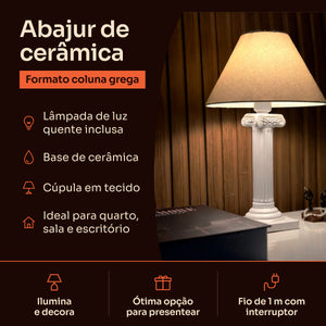 Abajur coluna grega branco com cúpula de tecido, características #branco #tecido