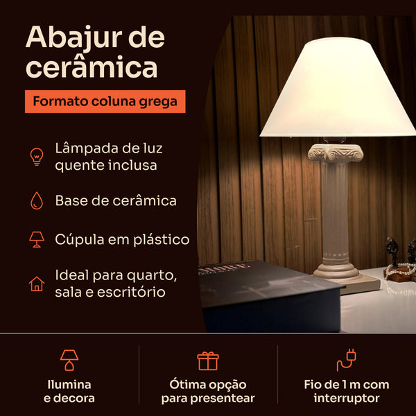 Abajur coluna grega capuccino com cúpula de plástico, características #capuccino #plástico