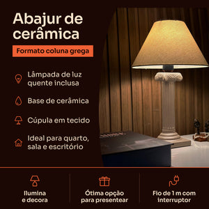 Abajur coluna grega capuccino com cúpula de tecido, características #capuccino #tecido
