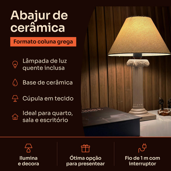 Abajur coluna grega capuccino com cúpula de tecido, características #capuccino #tecido