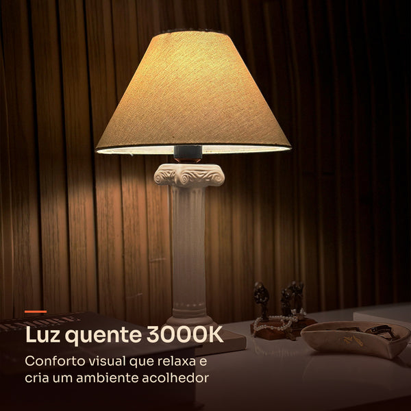 Abajur coluna grega capuccino com cúpula de tecido, luz quente 3000K #capuccino #tecido
