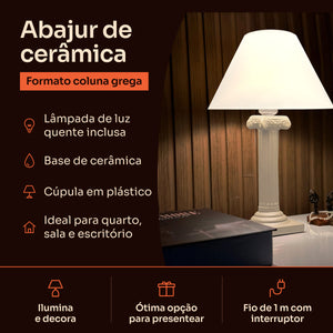 Abajur coluna grega off white com cúpula de plástico, características #offwhite #plástico