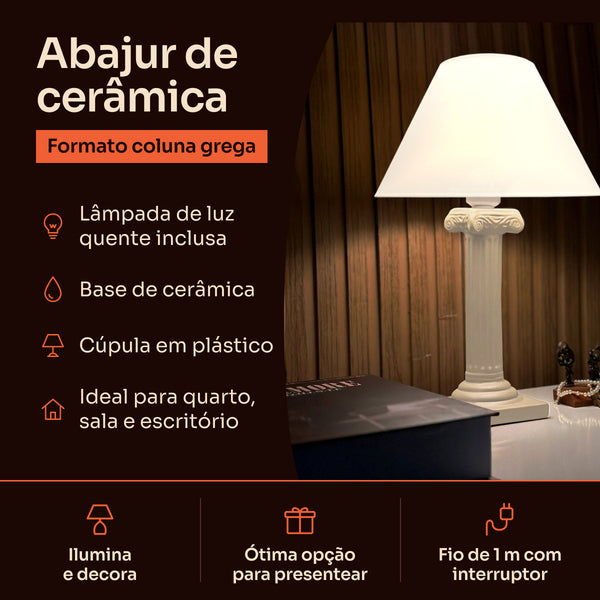 Abajur coluna grega off white com cúpula de plástico, características #offwhite #plástico