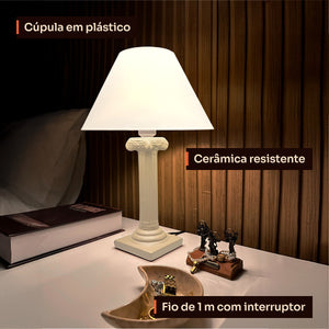 Abajur coluna grega off white com cúpula de plástico, detalhes #offwhite #plástico