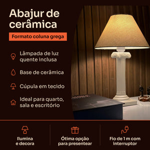 Abajur coluna grega off white com cúpula de tecido, características #offwhite #tecido