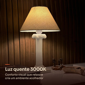 Abajur coluna grega off white com cúpula de tecido, luz quente 3000K #offwhite #tecido