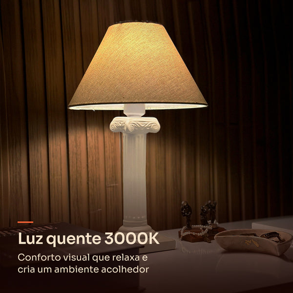 Abajur coluna grega off white com cúpula de tecido, luz quente 3000K #offwhite #tecido