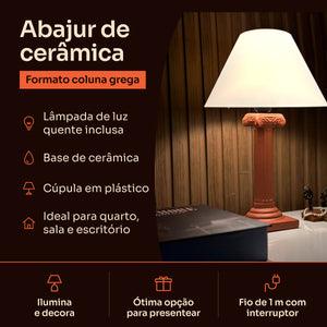 Abajur coluna grega terracota com cúpula de plástico, características #terracota #plástico
