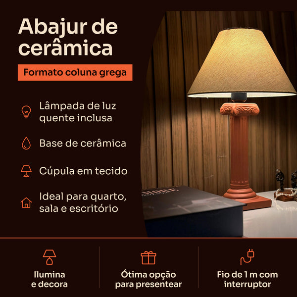 Abajur coluna grega terracota com cúpula de tecido, características #terracota #tecido