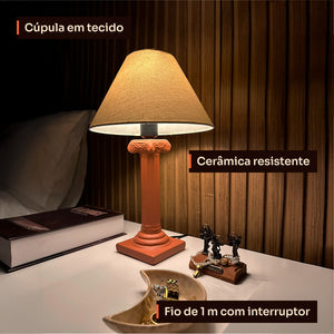 Abajur coluna grega terracota com cúpula de tecido, detalhes #terracota #tecido