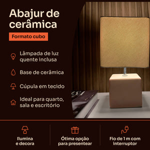 Abajur cubo avelã com cúpula de tecido, características #avelã