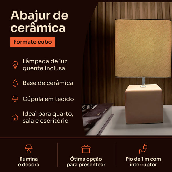Abajur cubo avelã com cúpula de tecido, características #avelã