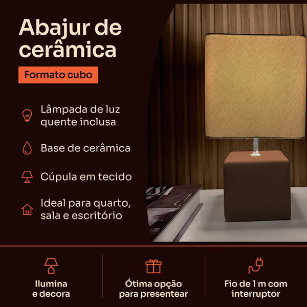 Abajur cubo marrom com cúpula de tecido, características #marrom