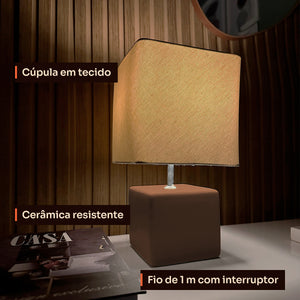 Abajur cubo marrom com cúpula de tecido, detalhes #marrom