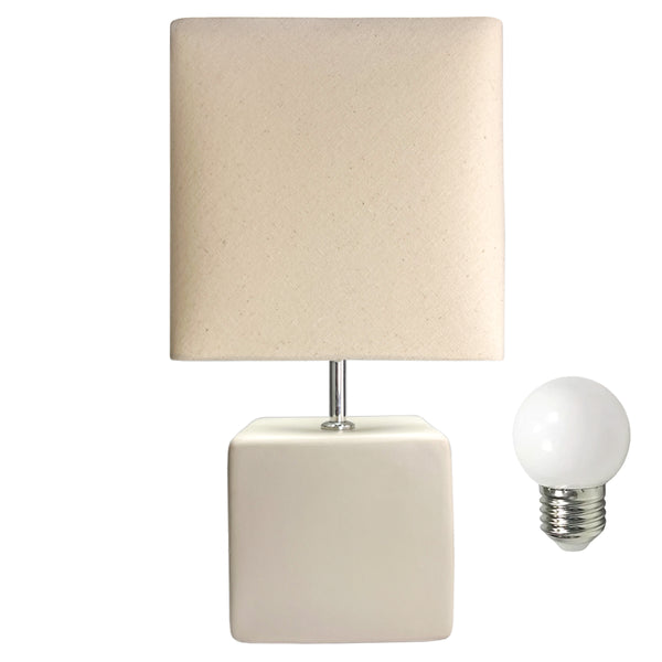 Abajur cubo de cerâmica off white com cúpula de tecido e lâmpada, Pratelar #offwhite