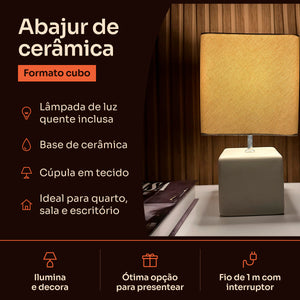Abajur cubo off white com cúpula de tecido, características #offwhite
