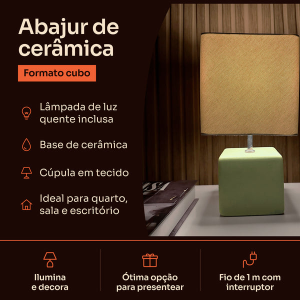 Abajur cubo verde pistache com cúpula de tecido, características #verdepistache