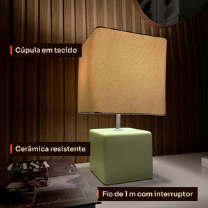 Abajur cubo verde pistache com cúpula de tecido, detalhes #verdepistache