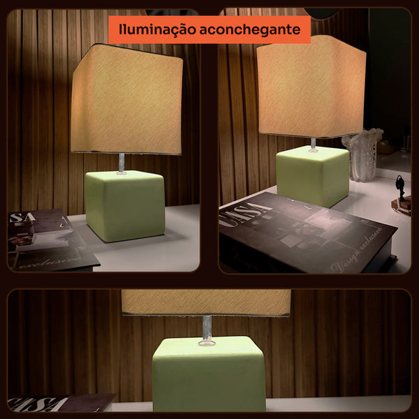 Abajur cubo verde pistache com cúpula de tecido, iluminação aconchegante #verdepistache
