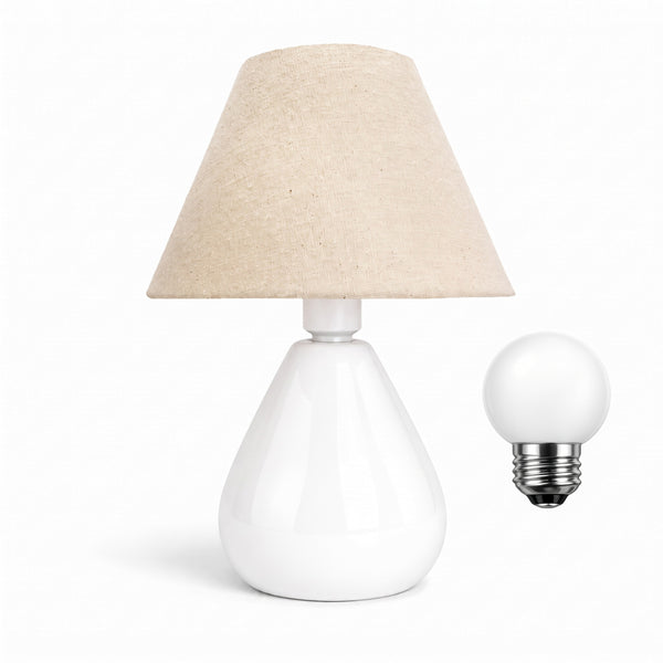 Abajur gota de cerâmica branco com cúpula de tecido e lâmpada, Pratelar #branco #tecido