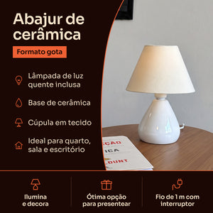 Abajur gota de cerâmica branco com cúpula de tecido: lâmpada inclusa, base de cerâmica e fio de 1 m com interruptor #branco #tecido