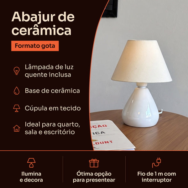 Abajur gota de cerâmica branco com cúpula de tecido: lâmpada inclusa, base de cerâmica e fio de 1 m com interruptor #branco #tecido