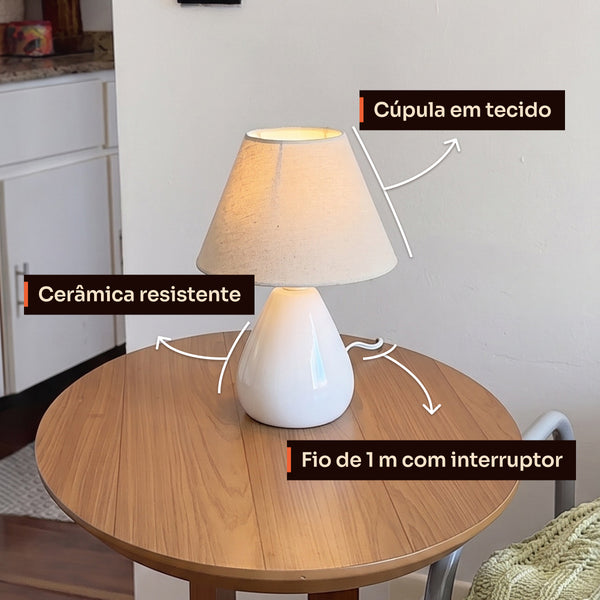 Detalhes do abajur gota branco: cúpula de tecido, cerâmica resistente e fio com interruptor #branco #tecido
