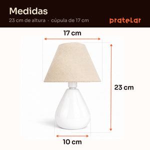 Medidas do abajur gota branco com cúpula de tecido: 23 cm de altura, cúpula de 17 cm e base de 10 cm #branco #tecido
