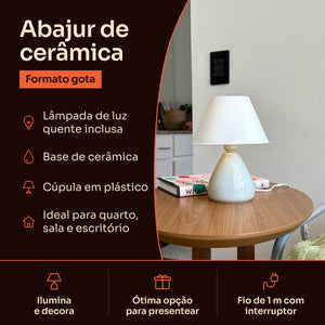 Abajur gota de cerâmica branco com cúpula de plástico: lâmpada inclusa, base de cerâmica e fio de 1 m com interruptor #branco #plástico