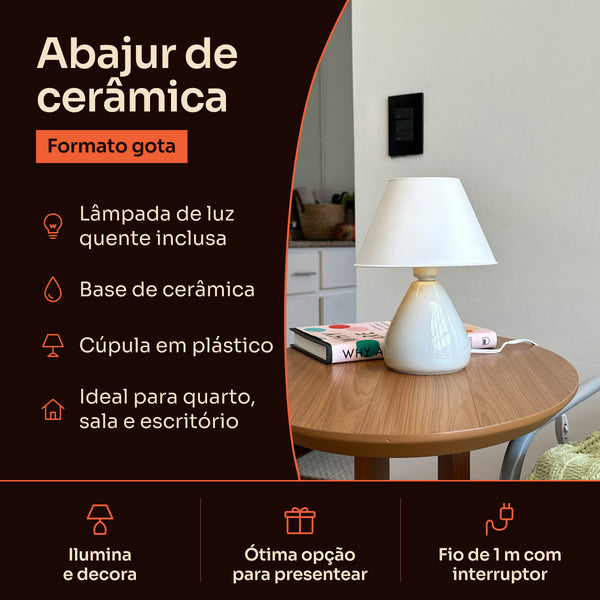 Abajur gota de cerâmica branco com cúpula de plástico: lâmpada inclusa, base de cerâmica e fio de 1 m com interruptor #branco #plástico