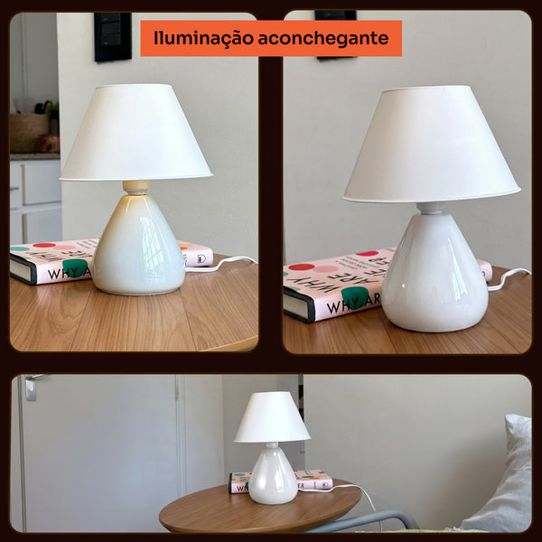 Abajur gota branco com cúpula de plástico aceso no quarto, iluminação aconchegante #branco #plástico