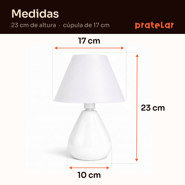Medidas do abajur gota branco com cúpula de plástico: 23 cm de altura, cúpula de 17 cm e base de 10 cm #branco #plástico