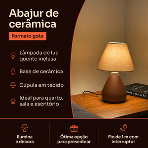 Abajur gota de cerâmica marrom com cúpula de tecido: lâmpada inclusa, base de cerâmica e fio de 1 m com interruptor #marrom #tecido