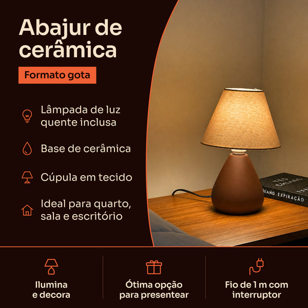 Abajur gota de cerâmica marrom com cúpula de tecido: lâmpada inclusa, base de cerâmica e fio de 1 m com interruptor #marrom #tecido