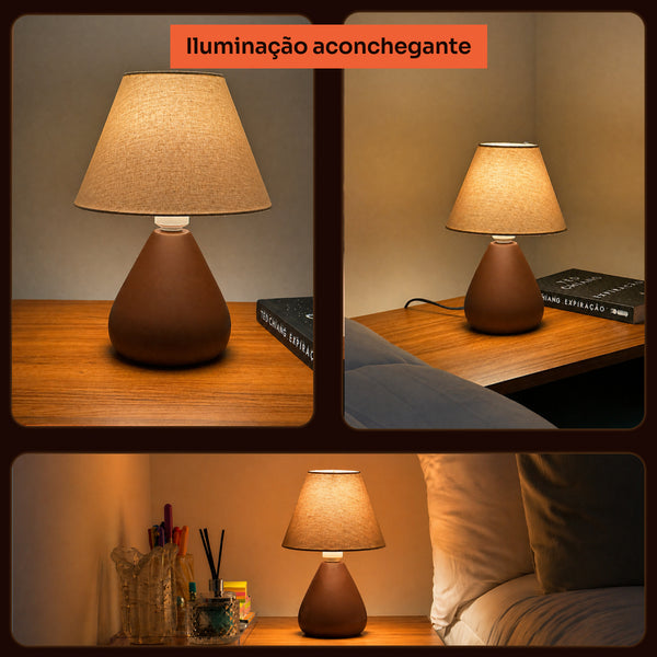 Abajur gota marrom com cúpula de tecido aceso no quarto, iluminação aconchegante #marrom #tecido