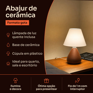 Abajur gota de cerâmica marrom com cúpula de plástico: lâmpada inclusa, base de cerâmica e fio de 1 m com interruptor #marrom #plástico