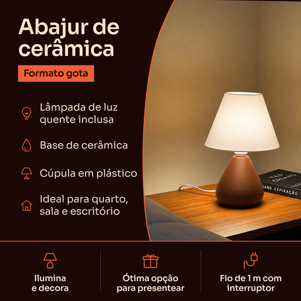 Abajur gota de cerâmica marrom com cúpula de plástico: lâmpada inclusa, base de cerâmica e fio de 1 m com interruptor #marrom #plástico